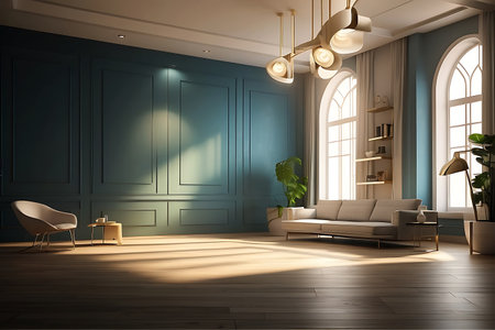 Interior of modern living room with blue walls, wooden floor, sofa and coffee table. 3d renderingの素材