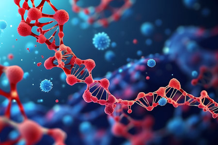 3d render of dna molecule over blue background with copy spaceの素材
