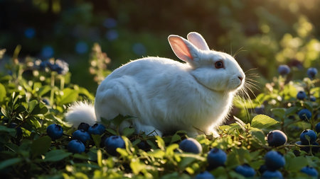 Cute white rabbit sitting on a bush with blueberries at sunsetの素材