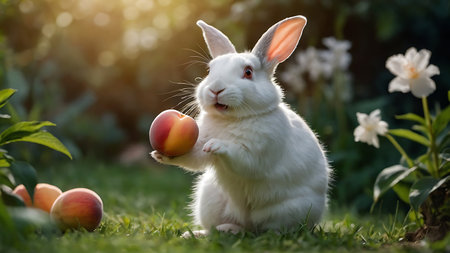 Cute white rabbit with red apple on green grass in garden.の素材