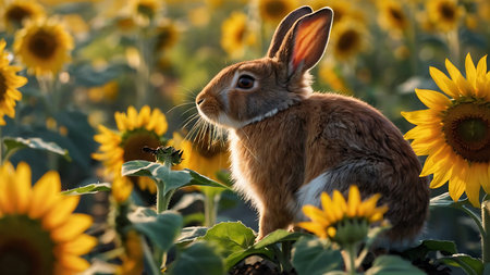Rabbit in the sunflower field with sunflowers in the backgroundの素材