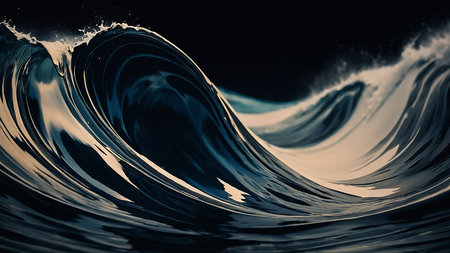 3d rendering of abstract blue ocean wave with water splash isolated on black backgroundの素材