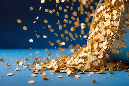 Golden coins falling from a blue bucket on a blue background with copy spaceの素材