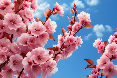 Beautiful pink sakura flowers blooming on blue sky background.の素材