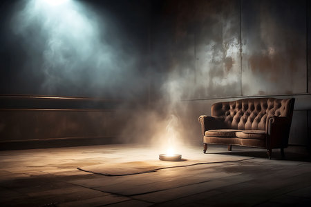 Interior of a dark room with an old sofa and a burning candleの素材