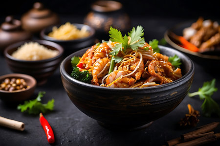 Stir-fried rice noodles with shrimps and vegetables in bowlの素材