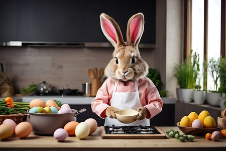 Cute bunny with bowl of eggs and pan on table in kitchenの素材