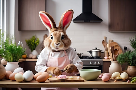 Cute little bunny in the kitchen preparing food. Easter holiday conceptの素材