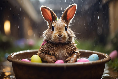 Cute Easter bunny with colored eggs in a wooden bowl under rainの素材