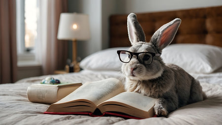 Cute rabbit reading a book on the bed in the morning.の素材
