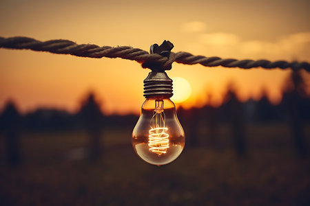 Incandescent light bulb hanging on a rope with a sunset in the backgroundの素材