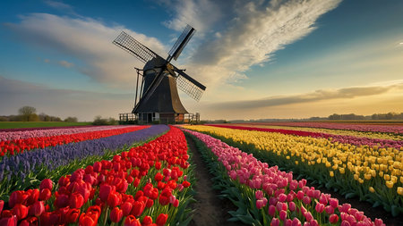 Colorful tulips and windmill in Holland at sunset, Netherlandsの素材