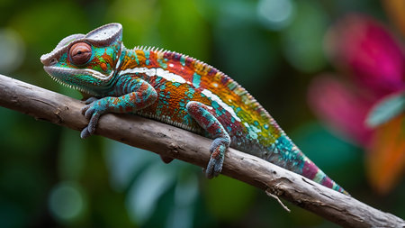 Colorful chameleon on a branch in a tropical forest.の素材