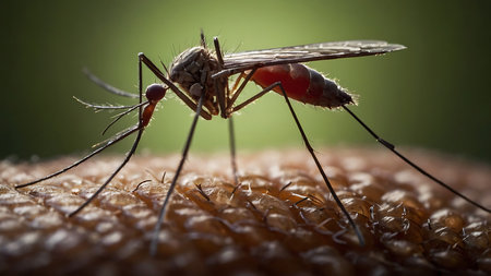 mosquito sucking blood on a human skin, close-upの素材
