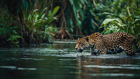 Jaguar, Panthera onca, single mammal in water, Brazilの素材