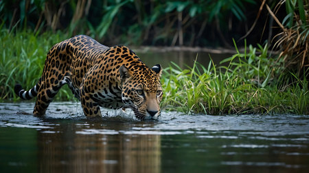 Jaguar (Panthera onca) drinking water from a riverの素材