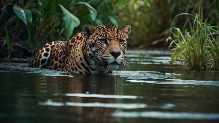 Jaguar, Panthera onca, single mammal in water, Brazilの素材