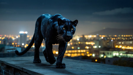 Black panther in the city at night with a view of the cityの素材