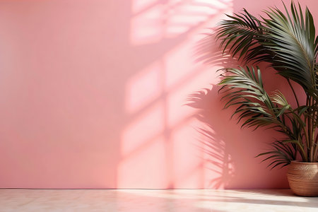 pink wall with palm tree in pot. 3d render illustrationの素材