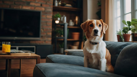 Cute Beagle dog sitting on sofa at home in living roomの素材