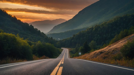 Asphalt road in mountains at sunset. Beautiful summer landscape with road.の素材