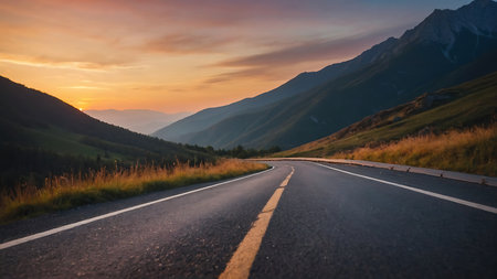 Asphalt road in mountains at sunset. Landscape of mountains.の素材