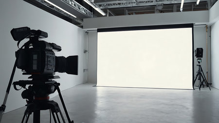 3d render of professional camera with blank white screen in studio.の素材