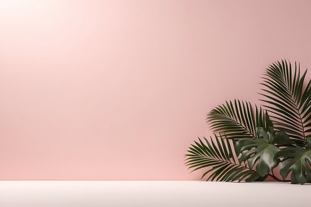 Minimal tropical interior background with palm leaves on pastel pink wallの素材