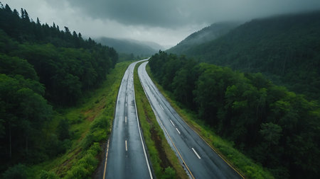 Aerial view of the road in the forest with fog and cloudsの素材