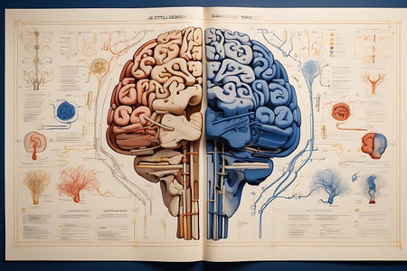 An open book with an illustration of the human brain in a sketch style.の素材