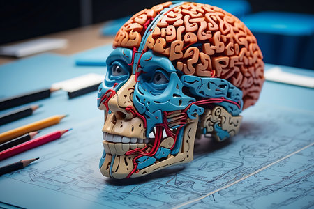 Human skull model on blueprint with pencils. 3d illustration.の素材