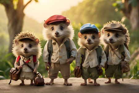 Hedgehogs in the forest. Childrens Backpackerの素材