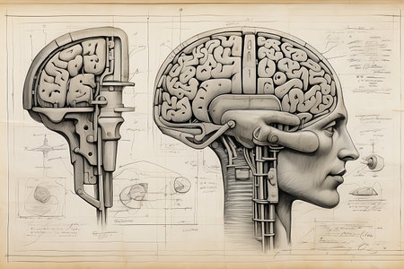 Human brain drawing on wooden background. 3D illustration. Copy space.の素材