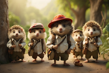 Hedgehogs in safari clothes and hats stand in the forest.の素材