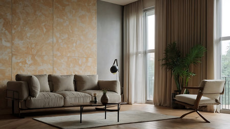 modern living room with beige sofa, armchair and coffee tableの素材