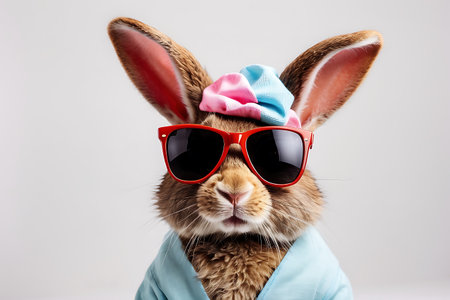 Funny rabbit wearing sunglasses and a bow tie. Studio shot.の素材