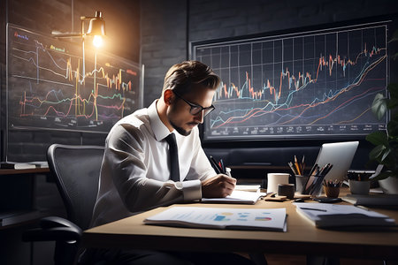 Handsome businessman working in office at night. Financial market conceptの素材