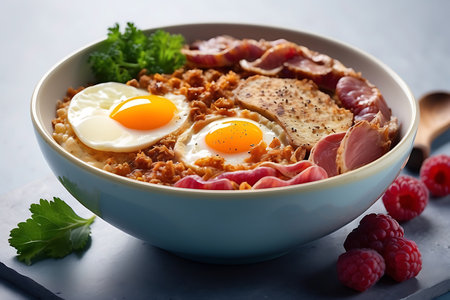 Breakfast with fried eggs, bacon and vegetables in a bowl.の素材