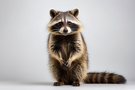 Raccoon sitting on a white background. Studio shot of a raccoon.の素材