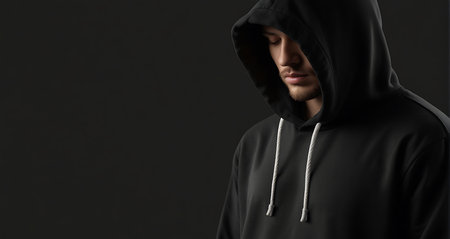 Young man in black hoodie. Isolated on black background.の素材