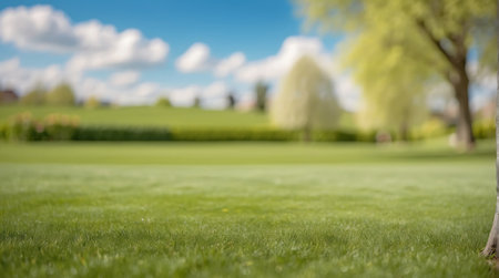 Green lawn and blue sky with white clouds in the background, shallow depth of fieldの素材