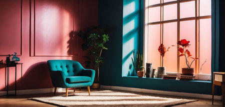 Interior of modern living room with blue armchair and plants.の素材