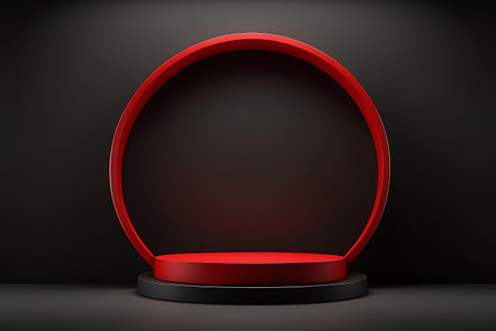 Black podium with red circle in the dark room. 3d renderingの素材