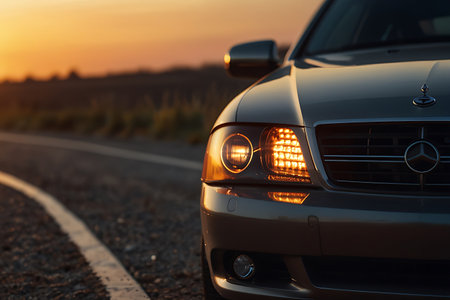 Car on the road at sunset. Close-up of the headlights.の素材