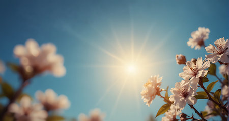 Blossoming branch of cherry against the blue sky with sun raysの素材