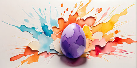 Easter egg with colorful paint splashes on a white background.の素材