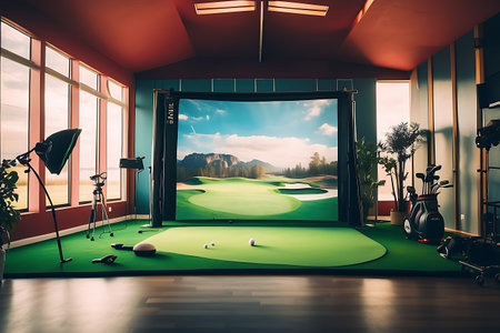 Interior of a golf club with a view of the mountains. 3d renderingの素材