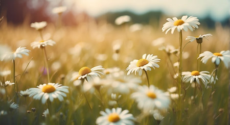 White daisies in the meadow at sunset. Nature backgroundの素材