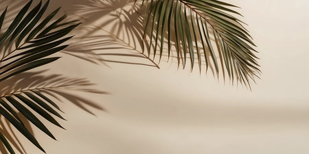 Tropical palm leaves on beige background with shadow. Copy spaceの素材