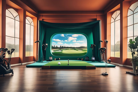 Golf room interior with equipment and green screen. 3D Renderingの素材